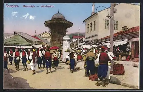 AK Sarajewo, Bascarsija, Marktplatz mit Marktständen, Litfasssäule