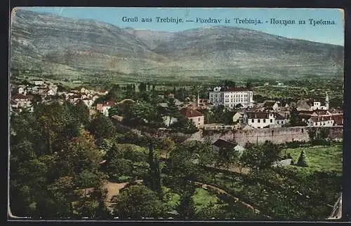 AK Trebinje, Totalansicht mit Park und Bergblick aus der Vogelschau