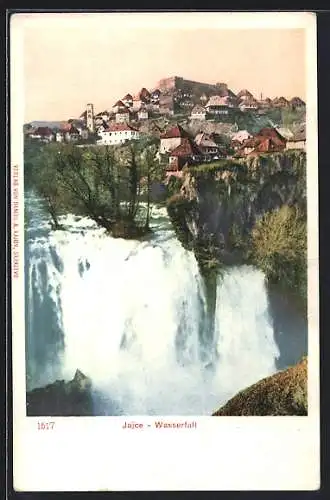 AK Jajce, Wasserfall mit Blick zum Ort