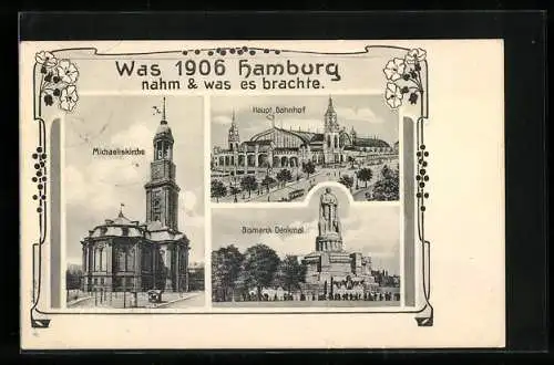 AK Hamburg-Neustadt, Michaeliskirche, Hauptbahnhof, Bismarck-Denkmal 1906