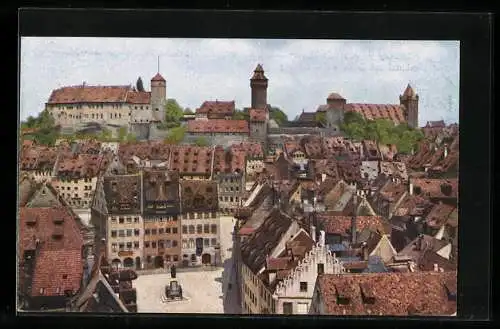 AK Nürnberg, Albrecht Dürer-Denkmal mit Blick auf die Burg