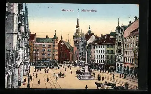 AK München, Geschäftige Szene vom Marienplatz