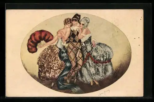 Künstler-AK sign. J. Gilles: Pierrot mit zwei Damen im Arm, Erotik, Maskenball, Art Deco