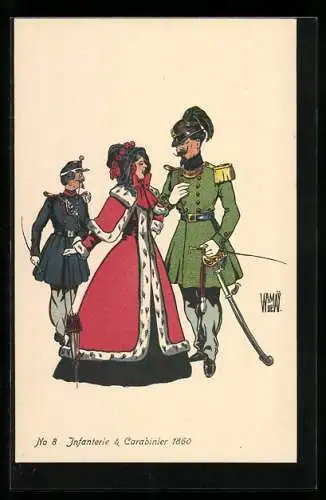 Künstler-AK sign. Wr. de May: Schweizer Infanterie-Soldat mit Frau und Carabinier, 1860