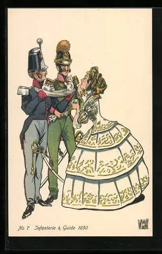 AK schweizer Soldaten mit hübscher Frau in Uniform der Infanterie & Guide 1850