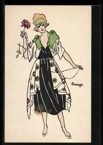 Künstler-AK sign. Bourget: Junge Dame im eleganten Kleid mit einer Rose in der Hand