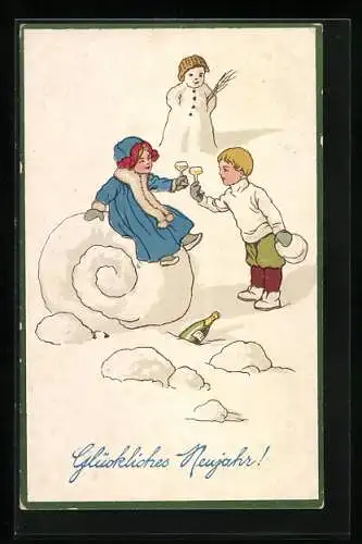 AK Schneemann und Kinder an Neujahr