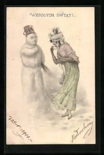 AK Junge Dame betrachtet einen Schneemann mit Topf auf dem Kopf