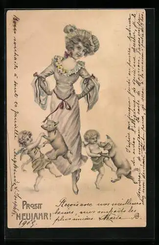 AK Neujahrsengel tanzen mit Glücksscheinen um eine Dame herum