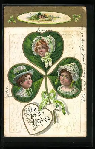 AK St. Patrick`s Day, Little Irish Hearts, Kinderportraits auf Kleeblatt