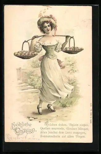AK Fröhliche Ostern, Hübsche Dame mit Osterkörben