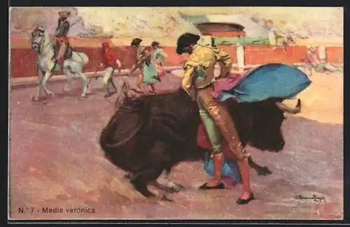 Künstler-AK Media veronica No. 7, Stierkämper weicht Angriff aus, Stierkampf