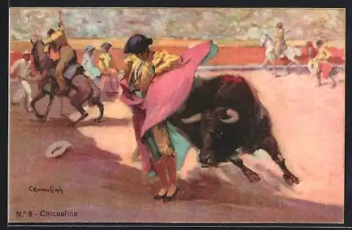 Künstler-AK Chicuelina, Stierkampf, der Matador lockt den Stier mit dem capote