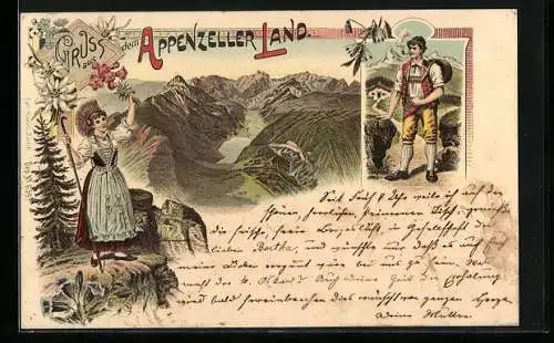 Lithographie Schweiz, Appenzeller Land, Appenzeller in Tracht