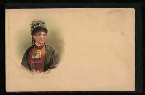 Lithographie Schweiz, Junge Frau aus dem Wallis in Tracht mit Haube