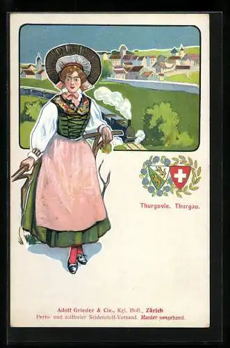 Lithographie Schweiz, Thurgauerin in Tracht vor einer Ortschaft, Eisenbahn, Wappen