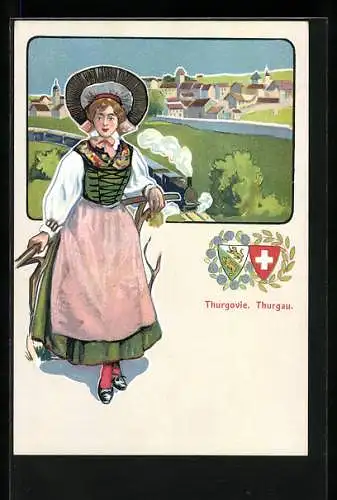 Lithographie Schweiz, Thurgauerin in Tracht vor einer Ortschaft mit Eisenbahn, Wappen