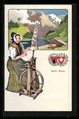 Lithographie Schweiz, Mädchen aus Glarus in Tracht am Spinnrad, Wappen