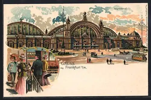 Lithographie Frankfurt, Strassenbahn vor dem Hauptbahnhof, Gepäckträger, Pferdekutsche