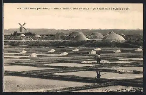 AK Guerande, Les Marais salants, Salzgärten mit Salbergen und Windmühle