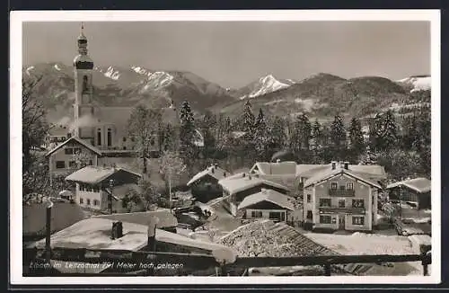 AK Elbach im Leitzachtal, Winterliche Ortsansicht gegen die Berge