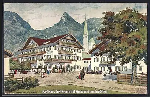 Künstler-AK Kreuth, Strassenpartie mit Kirche und Leonhardstein