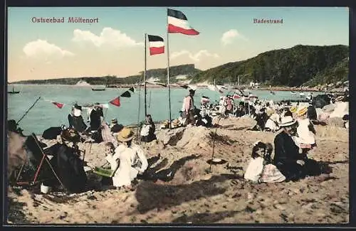 AK Möltenort /Ostsee, Strandleben mit Fahnen