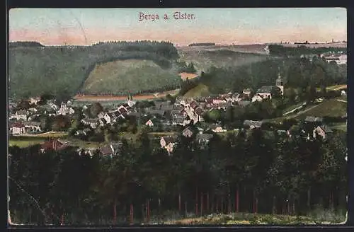 AK Berga / Elster, Panorama mit Kirche und Wald