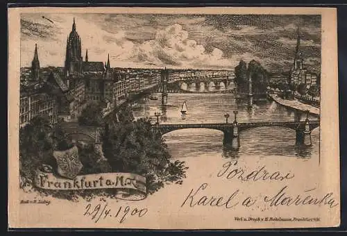 Lithographie Frankfurt a. M., Teilansicht mit Kirche