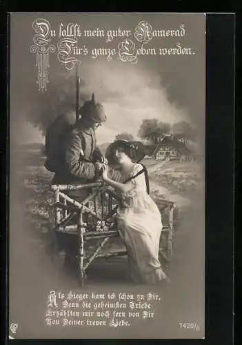 Foto-AK GL Co Nr. 7420 /6: Soldat in Uniform mit Marschgepäck verabschiedet sich von seiner Liebsten