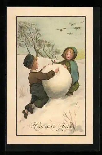 Künstler-AK M. Munk Nr. 522: Joyeux Noel, Kinder bauen Schneemann