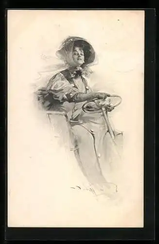 Künstler-AK M. Munk Nr. 702: Edle Dame beim Fahren eines Automobils