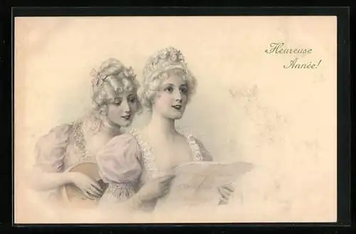 Künstler-AK M. Munk Nr. 346: Frau spielt Laute, eine andere singt dazu, Neujahrskarte