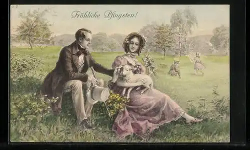 Künstler-AK M. Munk Nr. 722: Paar auf Wiese mit Osterlämmchen in den Armen