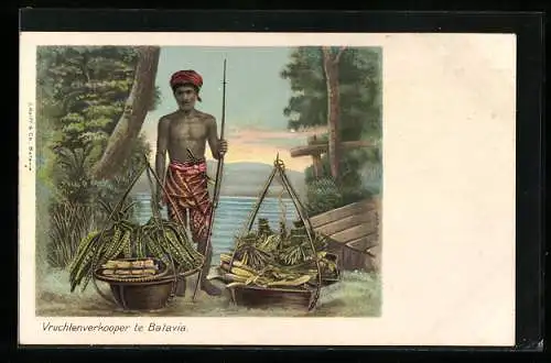 Lithographie Batavia, Vruchtenverkooper, Indonesischer Händler