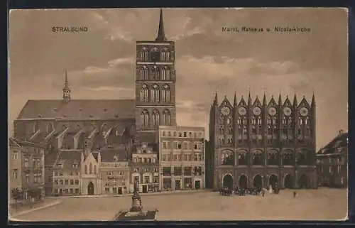 AK Stralsund, Markt, Rathaus und Nicolaikirche