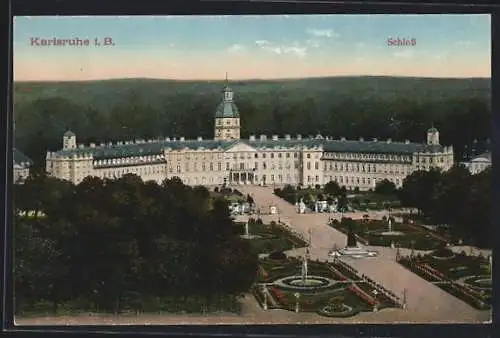 AK Karlsruhe i. B., Schloss mit Anlagen aus der Vogelschau