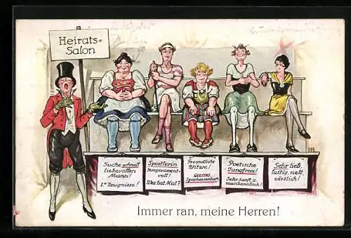 Künstler-AK Hans Boettcher: Heiratssalon - Immer ran, meine Herren!, Scherz