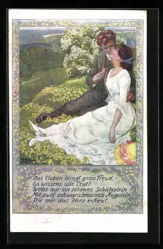 Künstler-AK Liebespaar sitzt auf einer Wiese