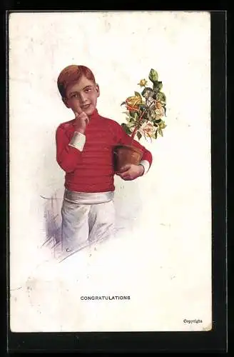 Künstler-AK sign. Carl Völker: Junge mit Rosen im Topf