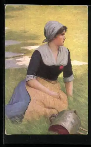 Künstler-AK sign. Adolf Hering: Auf der Wiese, junge Frau mit Kopftuch sitzt auf der Wiese