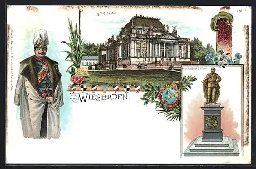 Lithographie Wiesbaden, Kaiser Wilhelm II. in Uniform, Hoftheater, Kaiser Friedrich-Denkmal, Wappen