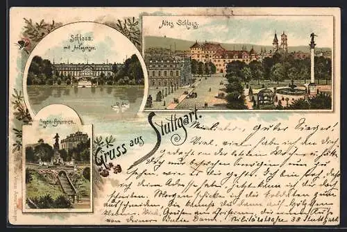 Lithographie Stuttgart, altes Schloss, Schloss mit Anlagensee, am Eugen-Brunnen