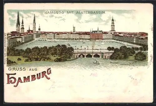 Lithographie Hamburg-Neustadt, Blick auf die Alster