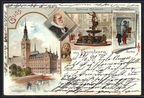 Lithographie Hamburg, Rathaus, Rathaus Brunnen, Bachus, Senator, Einweihung des Rathauses 26. October 1897