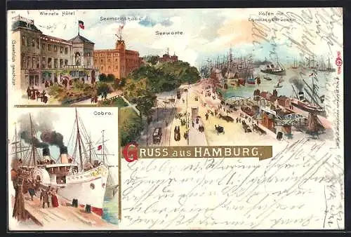 Lithographie Hamburg-St. Pauli, Cobro, Wiezels Hotel, Seemannshaus, Seewarte, Hafen mit Landungsbrücken