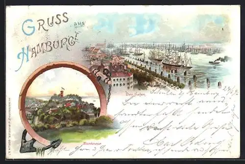 Lithographie Hamburg-Blankenese, Süllberg, Schiffe im Hafen