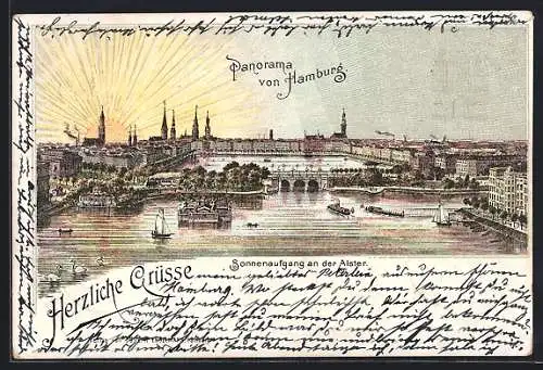 Lithographie Hamburg-St.Georg, Sonnenaufgang an der Alster