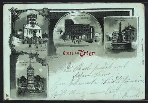 Mondschein-Lithographie Trier, Porta Nigra, Matthiaskirche und Secundiner-Säule bei Igel