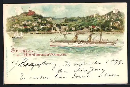 Lithographie Hamburg-Blankenese, Gasthaus Süllberg, Dampfer